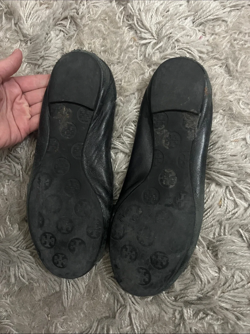 Tory Burch Black Leather and Silver Logo Reva Ballet Flats